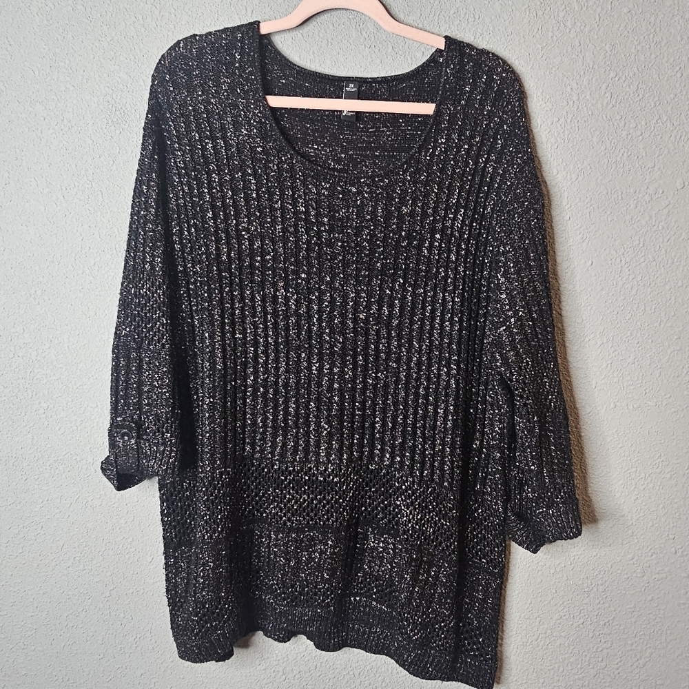 GNW Womens Plus 2X Black Sweater Silver Tinsel Sparkle Threading‎ Oversized